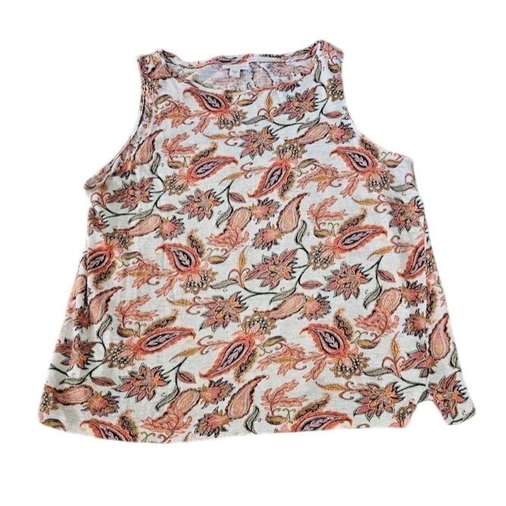 J. Jill Love Linen Tank Top Womens Large Orange Paisley Floral 100% Linen Knit